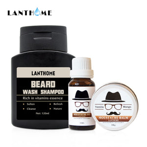 Lanthome Beard Wash and Conditioner Kits for Men Organic Beard Oil Balm Mustache Wax Moisturizing Smoothing Gentlemen Beard Care